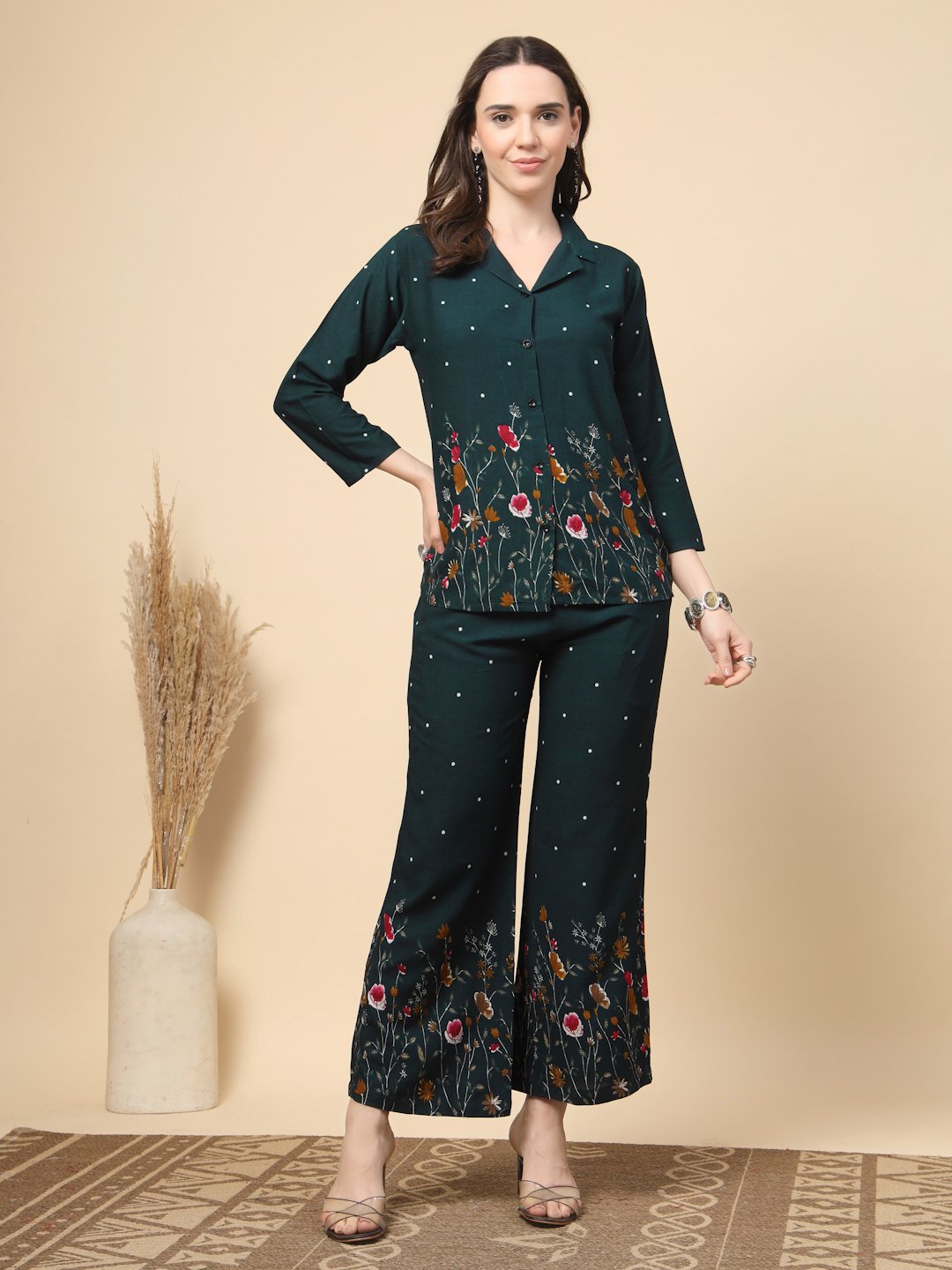 Green Cotton Printed Shirt With Trousers Co-Ords Set