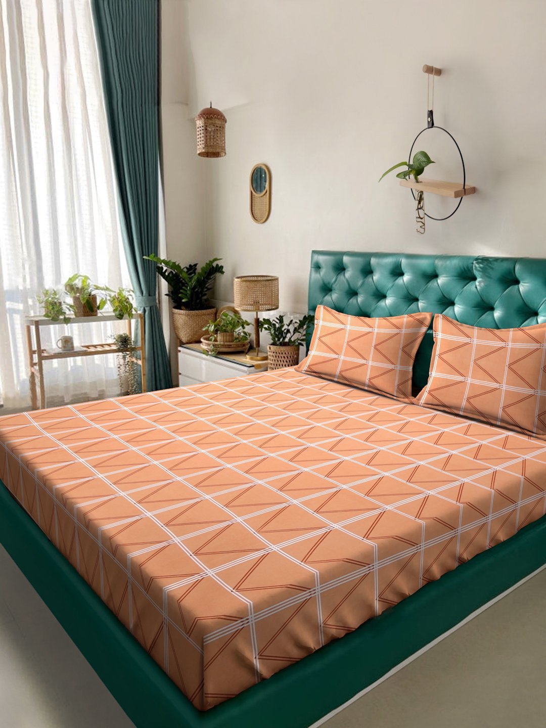 Orange Geometric 300 TC Cotton Blend Double Bedsheet in Book Fold Packing