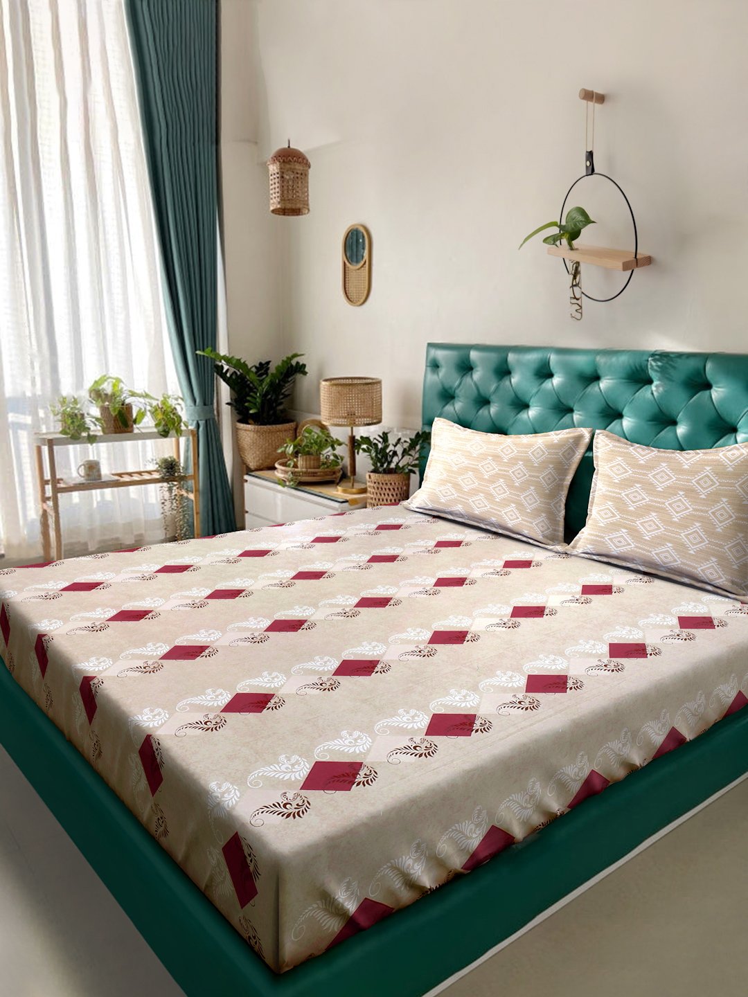 Beige Geometric 400 TC Pure Cotton Double Bedsheet with 2 Pillow Covers
