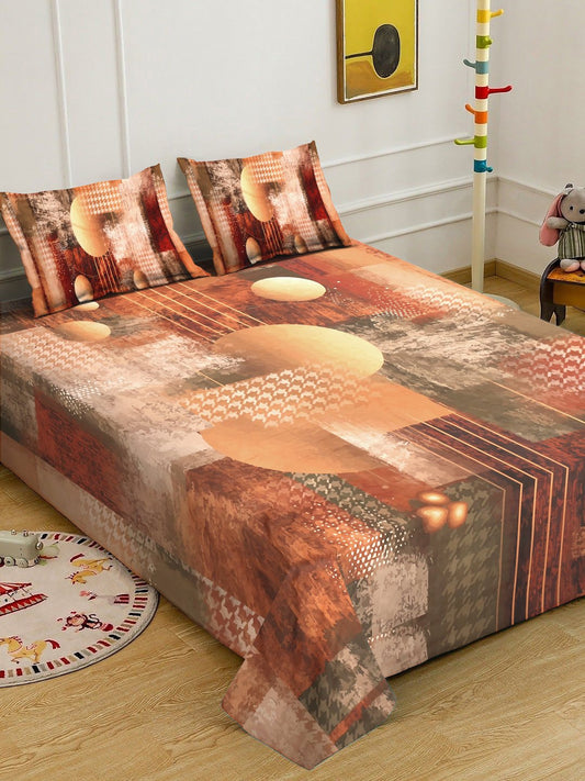 Brown Digital Geometric Printed Cotton Blend Double Bedsheet with 2 Pillow Covers