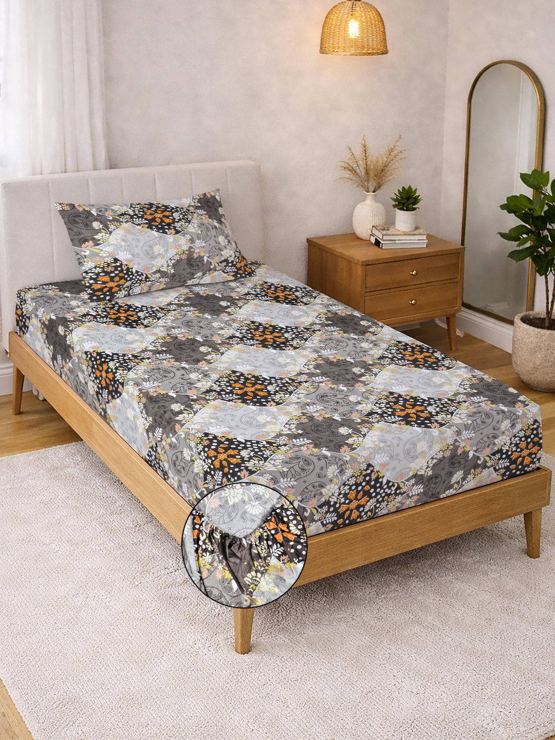 Grey Floral Cotton Blend Fitted Single Bedsheet with Pillow Cover