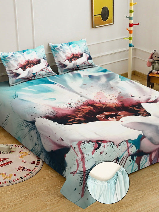 Multi Digital Floral Printed Cotton Blend Fitted Double Bedsheet with 2 Pillow Covers