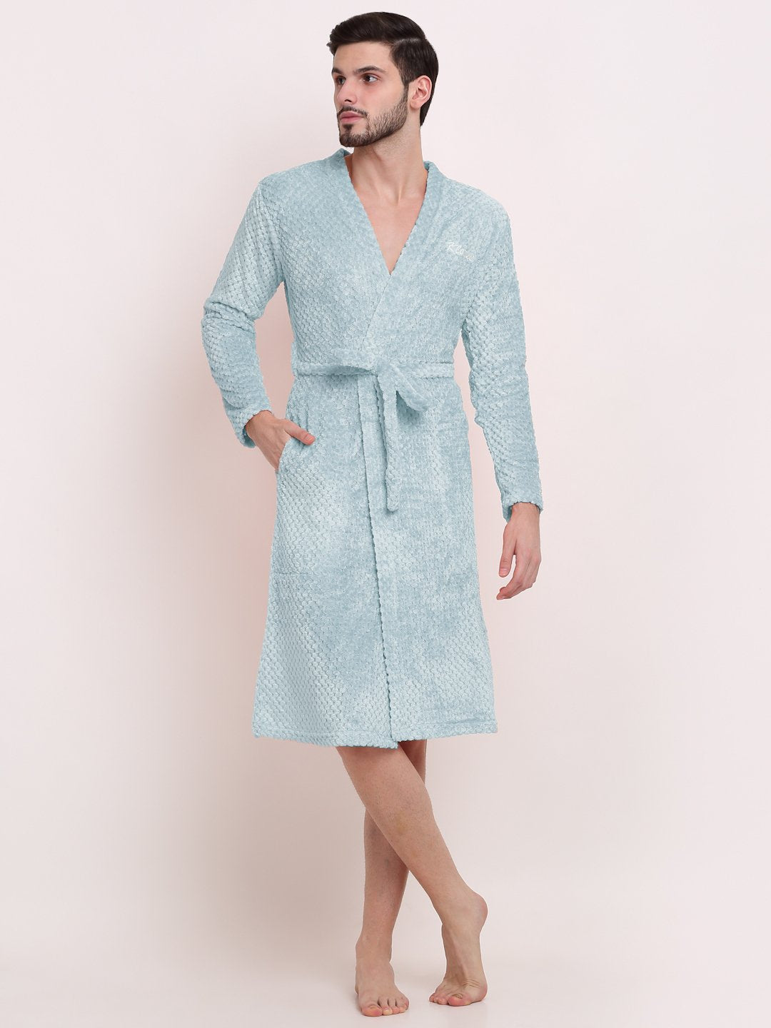 Men Turquoise Self Design Wool Bath Robe With Belt