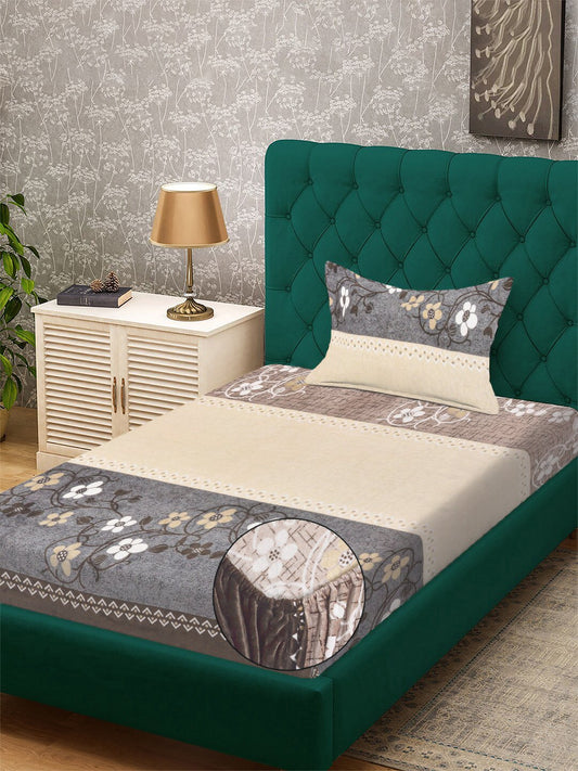 Brown Floral Fitted Woolen Fitted Single Bedsheet with Pillow Cover