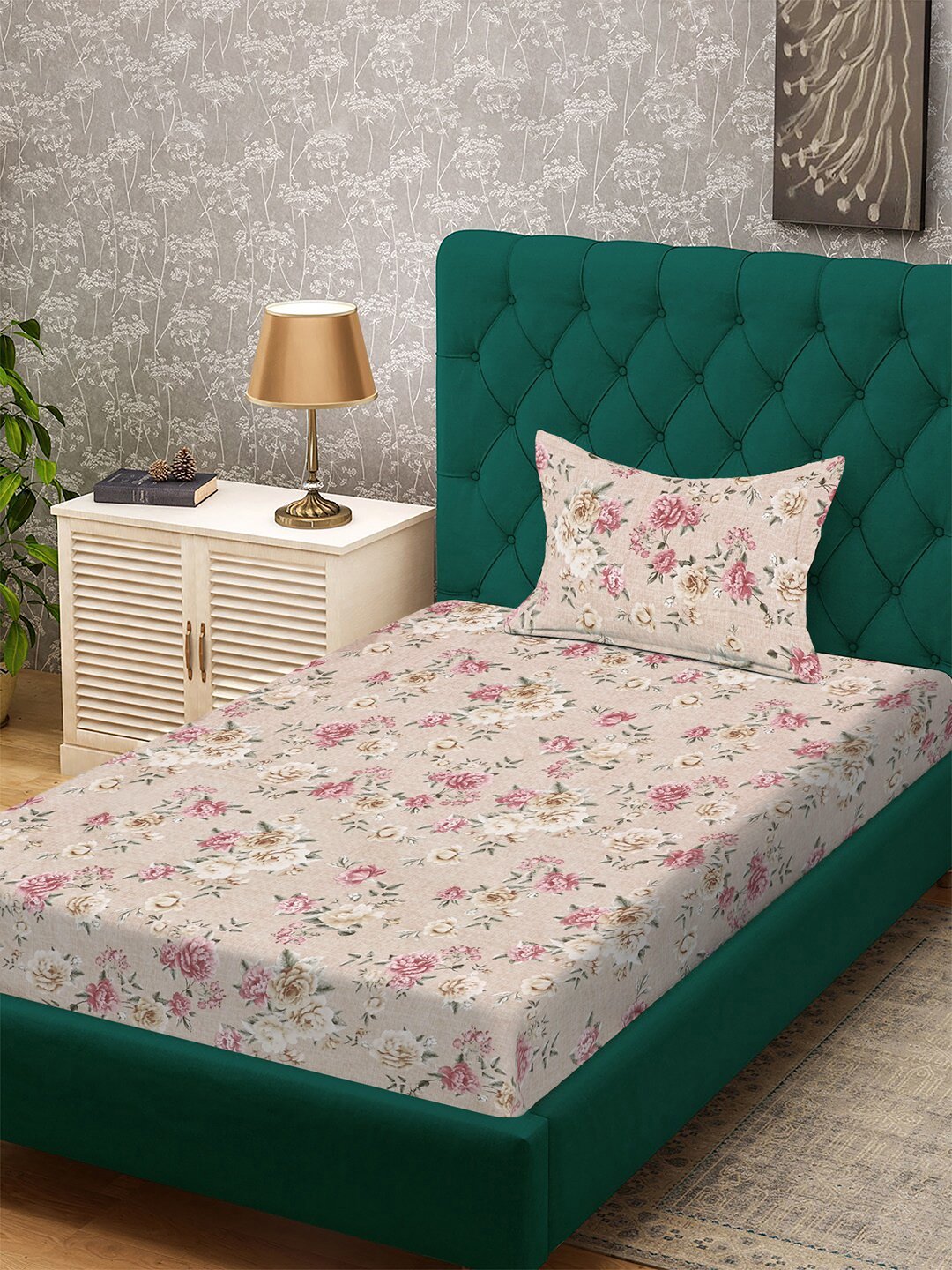 Beige Floral 300 TC Cotton Blend Single Bedsheet with Pillow Cover
