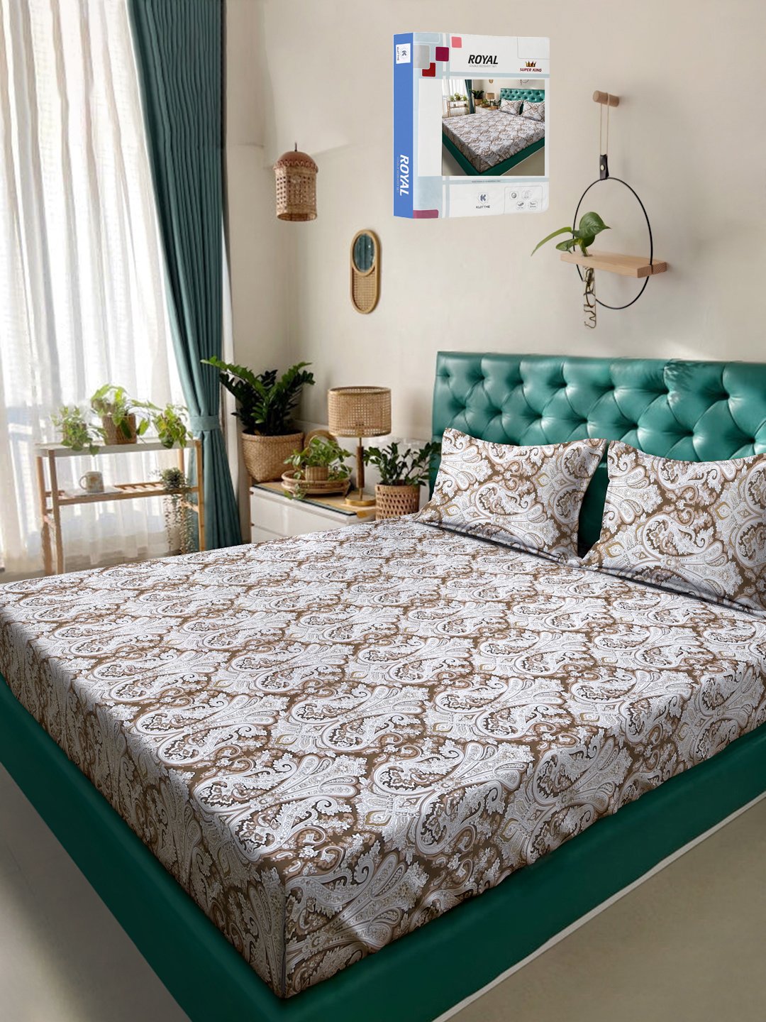 Brown Floral 400 TC Pure Cotton Double Bedsheet in Book Fold Packing