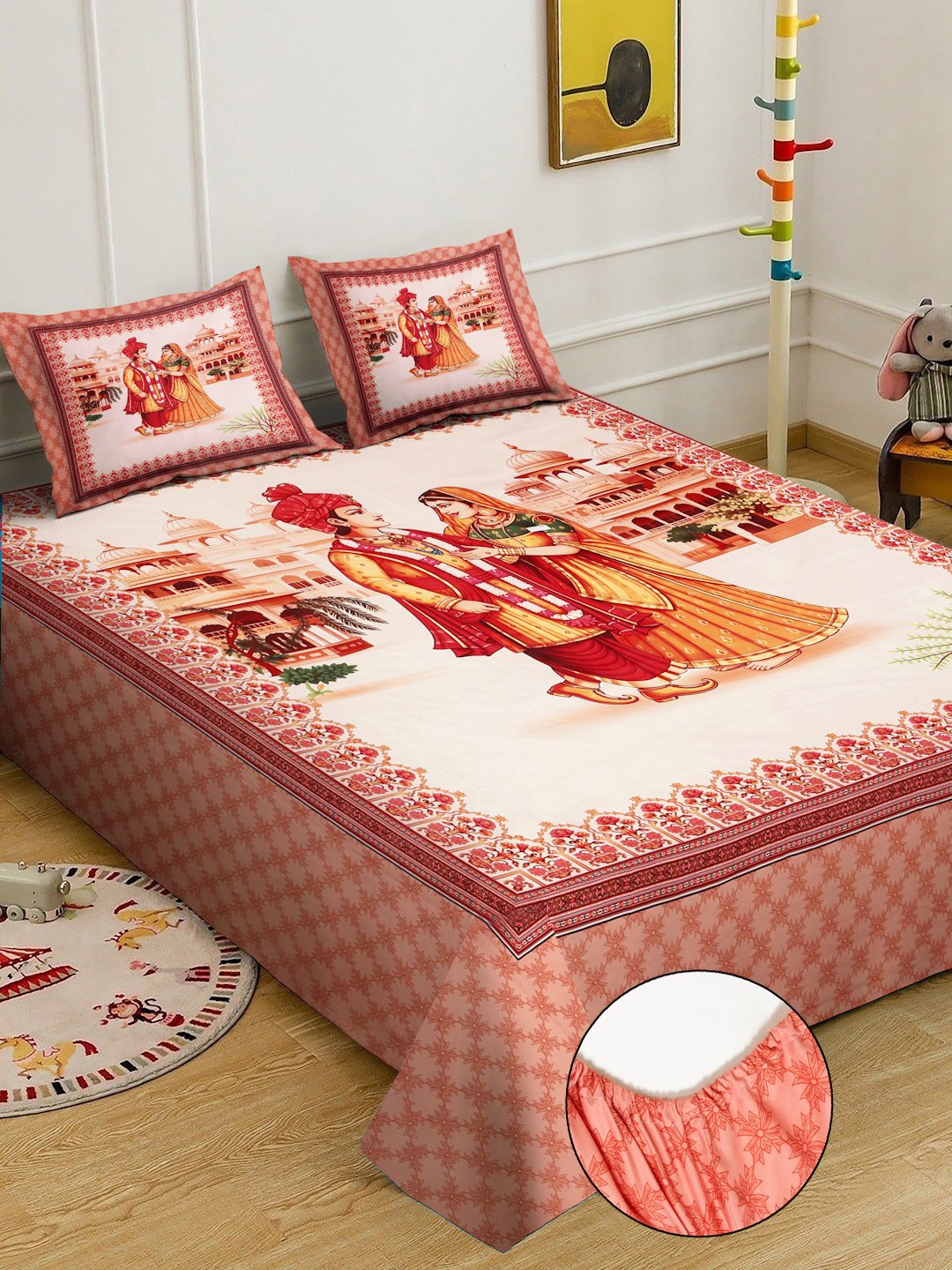 Rust Digital Ethnic Motifs Printed Cotton Blend Fitted Double Bedsheet with 2 Pillow Covers