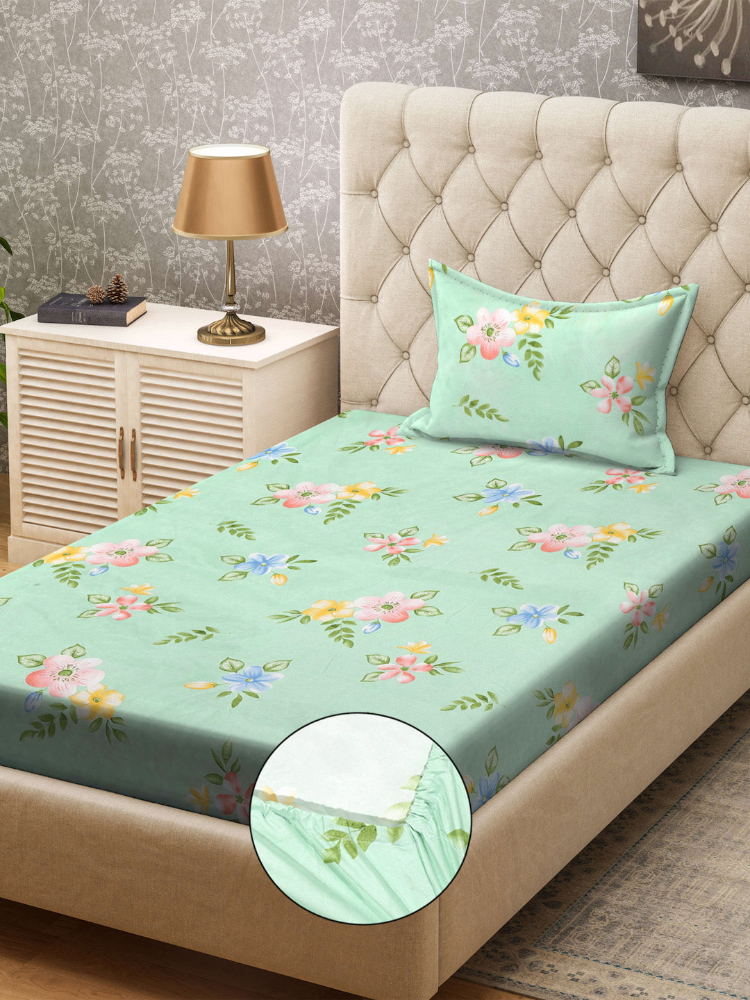 Klotthe Green Floral 300 TC Cotton Blend Fitted Single Bedsheet with Pillow Cover