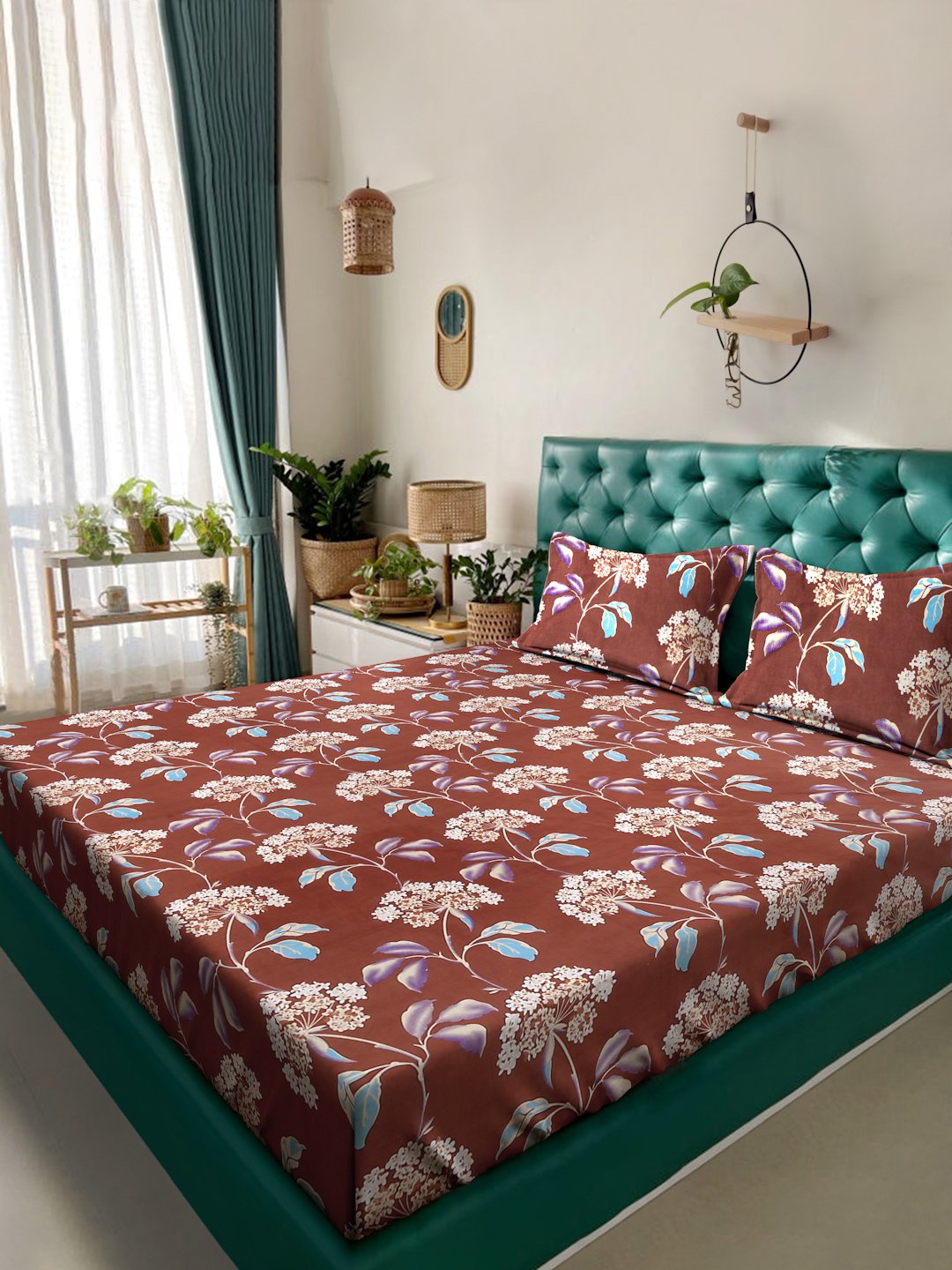 Rust Floral 300 TC Cotton Blend Double Bedsheet with 2 Pillow Covers