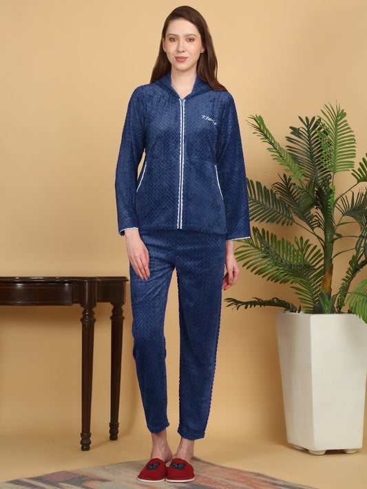 Women Navy Blue Solid Hooded Woolen Night Suit