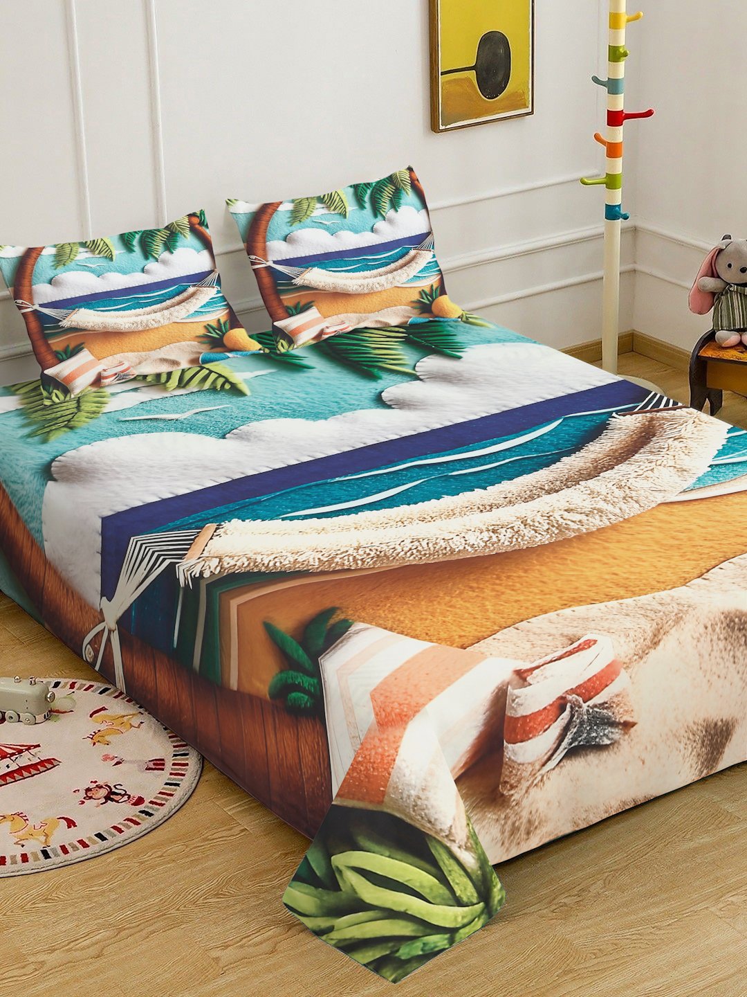 Multi 7D Abstract Printed Cotton Blend Double Bedsheet with 2 Pillow Covers