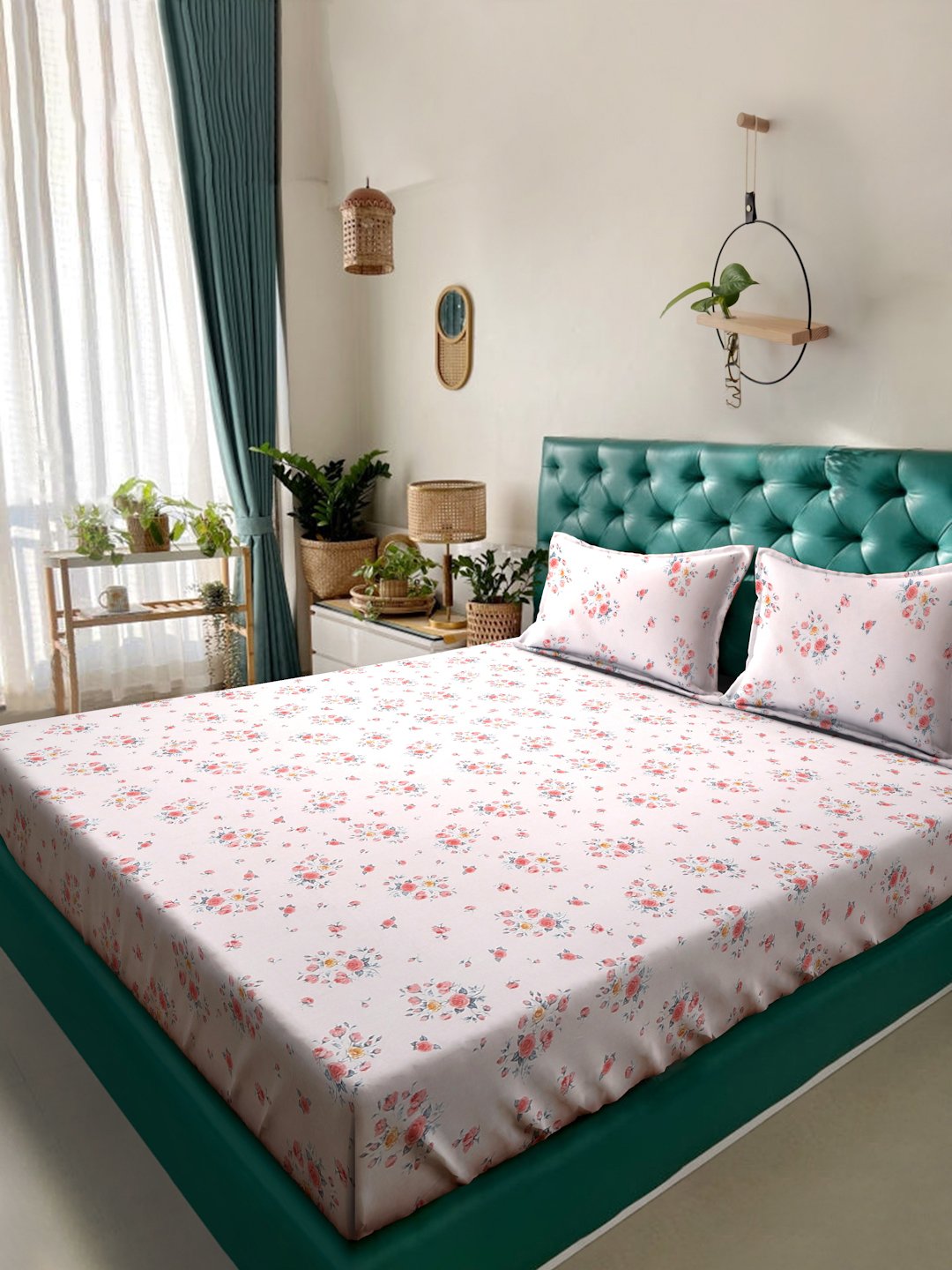 Book Fold Pink Floral 300 TC Cotton Blend Double Bedsheet with 2 Pillow Covers