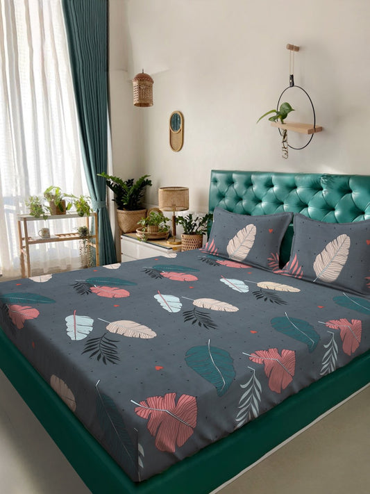 Grey Floral  300 TC Cotton Blend Double Bedsheet with 2 Pillow Covers