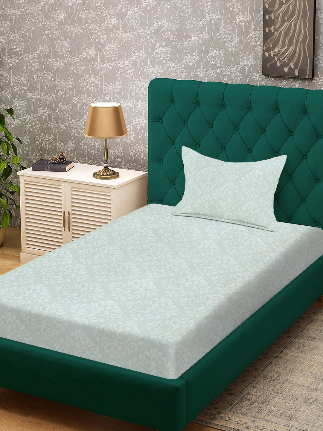 Green Floral Embossed Cotton Blend Single Bedsheet with Pillow Cover