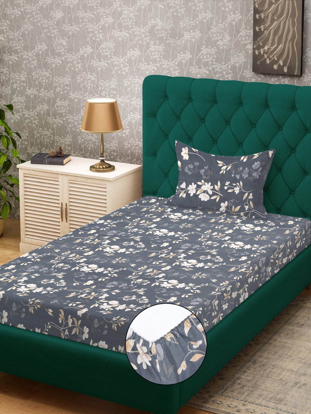 Grey Floral 300 TC Cotton Blend Fitted Single Bedsheet Set in Book Fold Packing