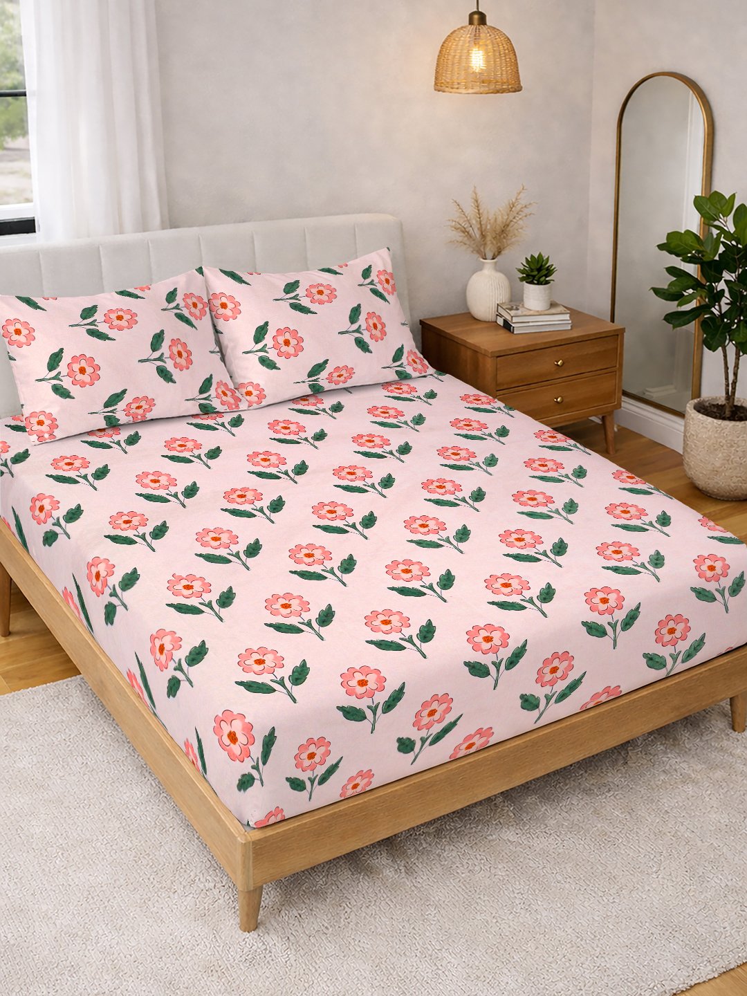 Pink Floral Cotton Blend Double Bedsheet with 2 Pillow Covers