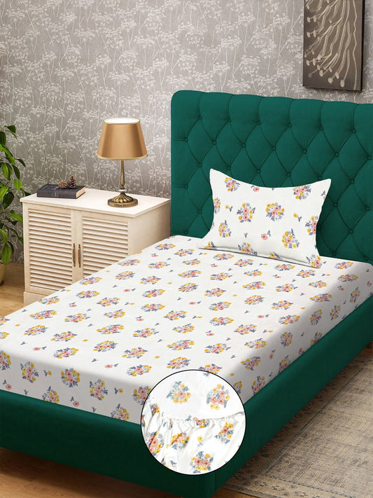 Cream Floral 300 TC Cotton Blend Fitted Single Bedsheet with Pillow Cover