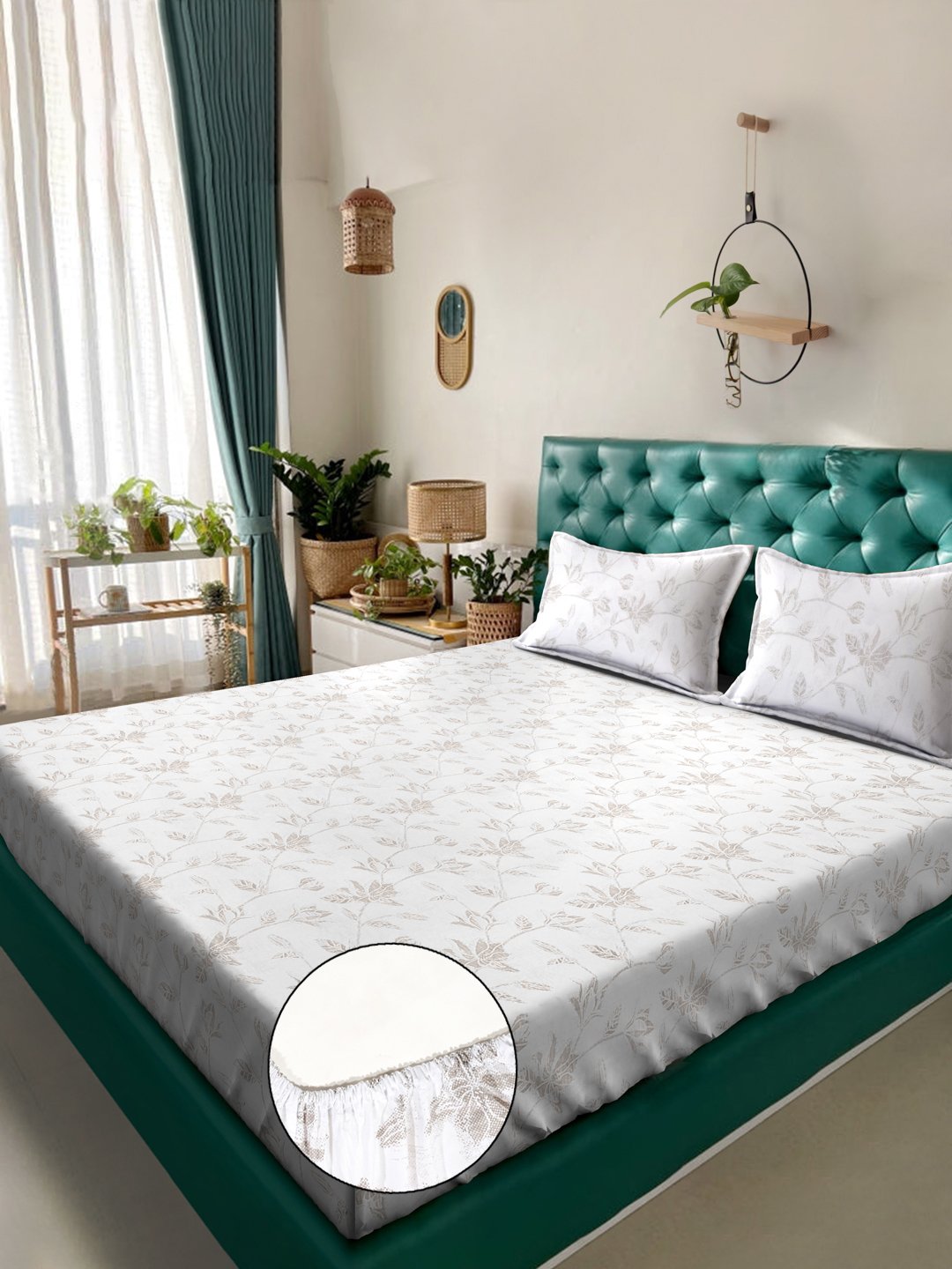 White Floral 400 TC Pure Cotton Super King Double Bedsheet with 2 Pillow Covers