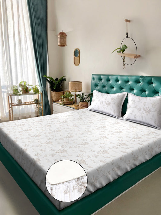 White Floral 400 TC Pure Cotton Super King Double Bedsheet with 2 Pillow Covers