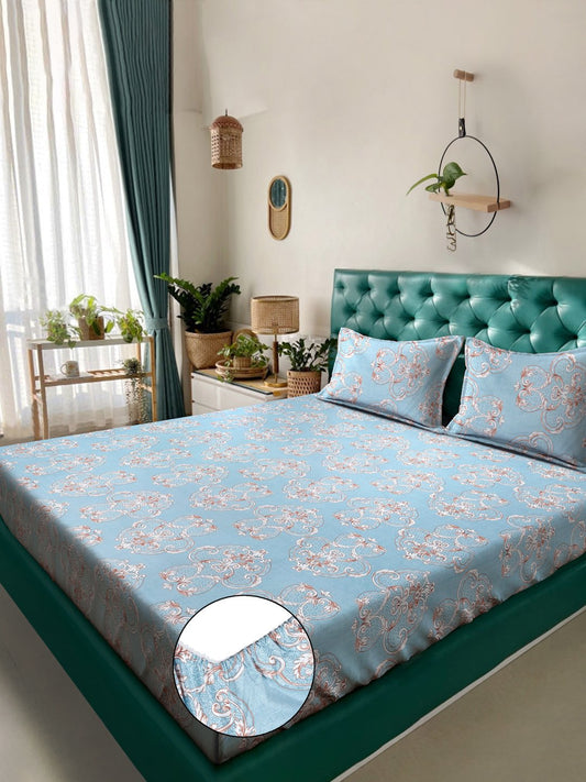 SkyBlue Ethnic Motifs 300 TC Cotton Blend Fitted Double Bedsheet with 2 Pillow Covers