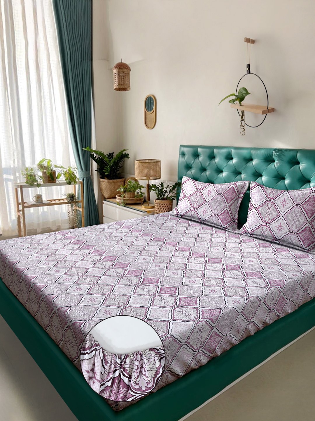 Purple Floral 400 TC Pure Cotton Fitted Double Bedsheet with 2 Pillow Covers