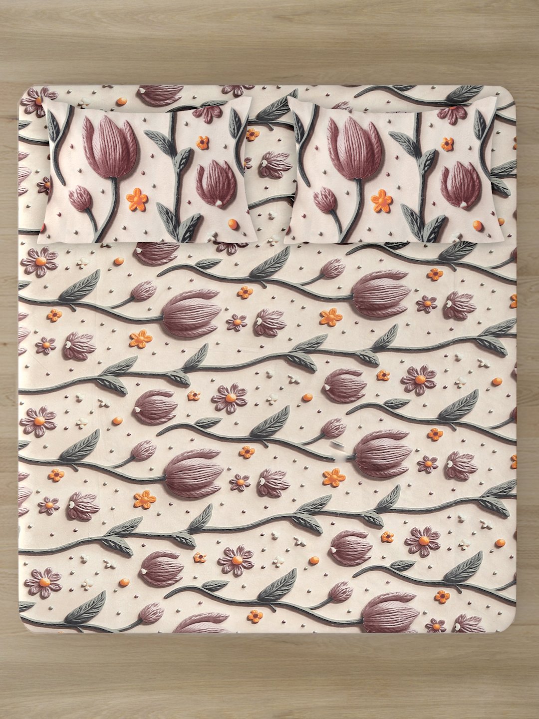 Cream Floral 7D King Size Cotton Blend Fitted Double Bedsheet with 2 Pillow Covers