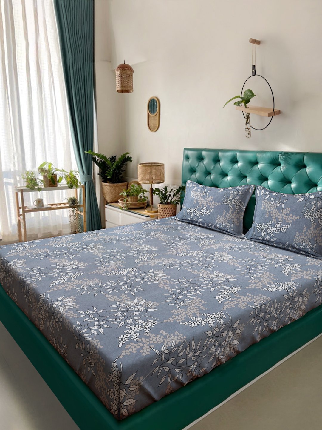 Grey Floral  300 TC Cotton Blend Fitted Double Bedsheet with 2 Pillow Covers