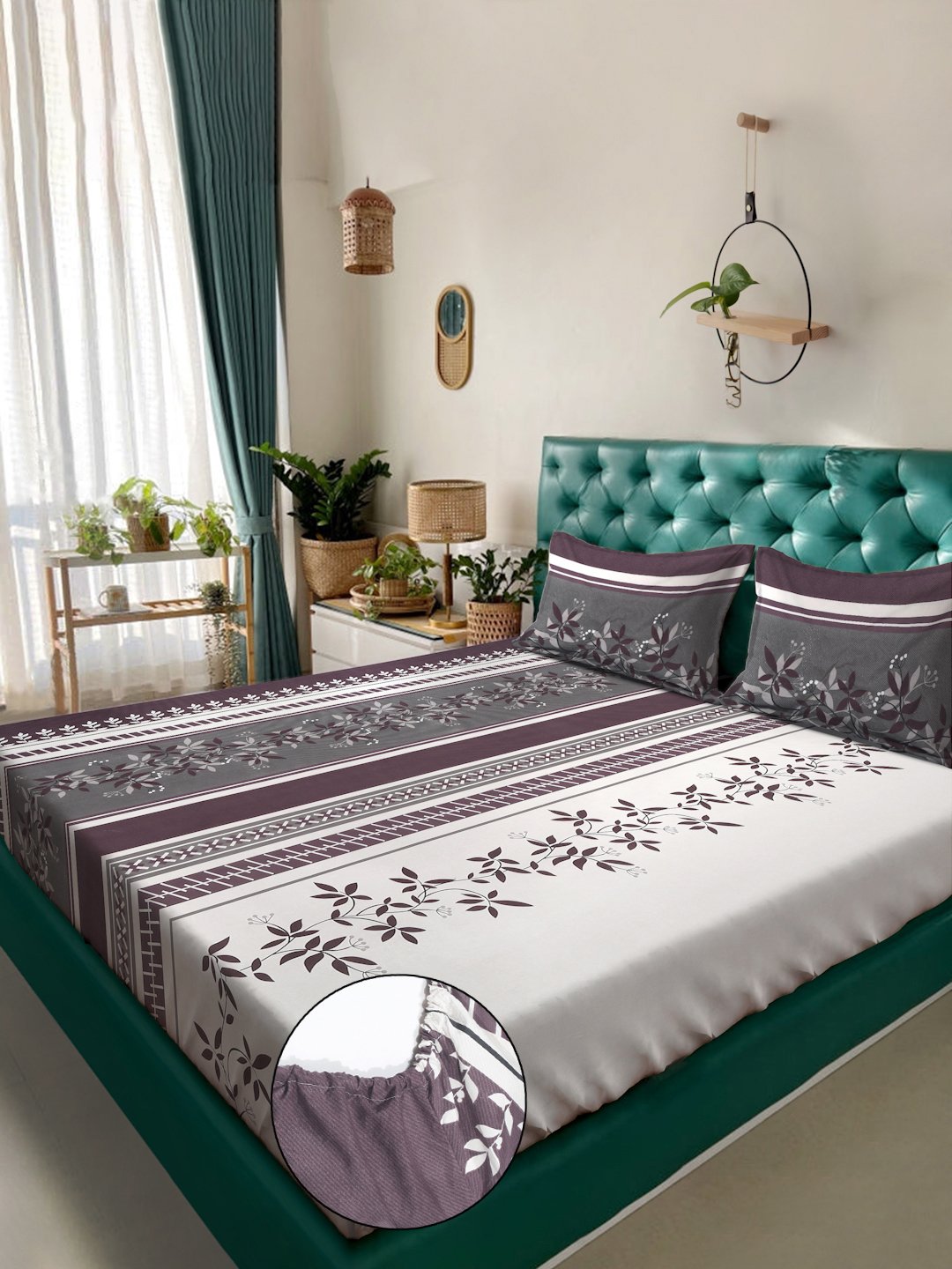 Multi Floral  300 TC Cotton Blend Fitted Double Bedsheet in Book Fold Packing