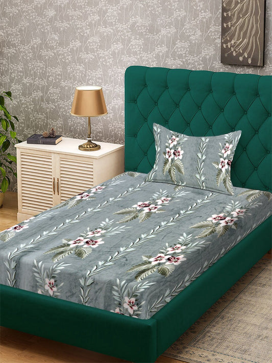 Green Floral Woolen Single Bedsheet with Pillow Cover