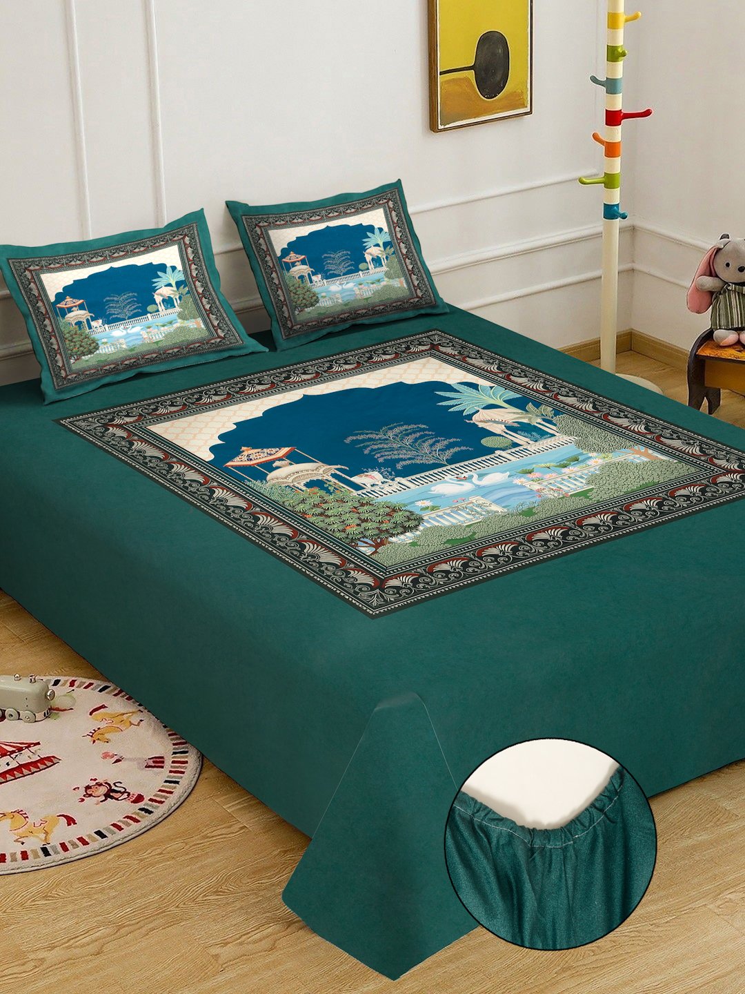 Green Digital Ethnic Motifs Printed Cotton Blend Fitted Double Bedsheet with 2 Pillow Covers
