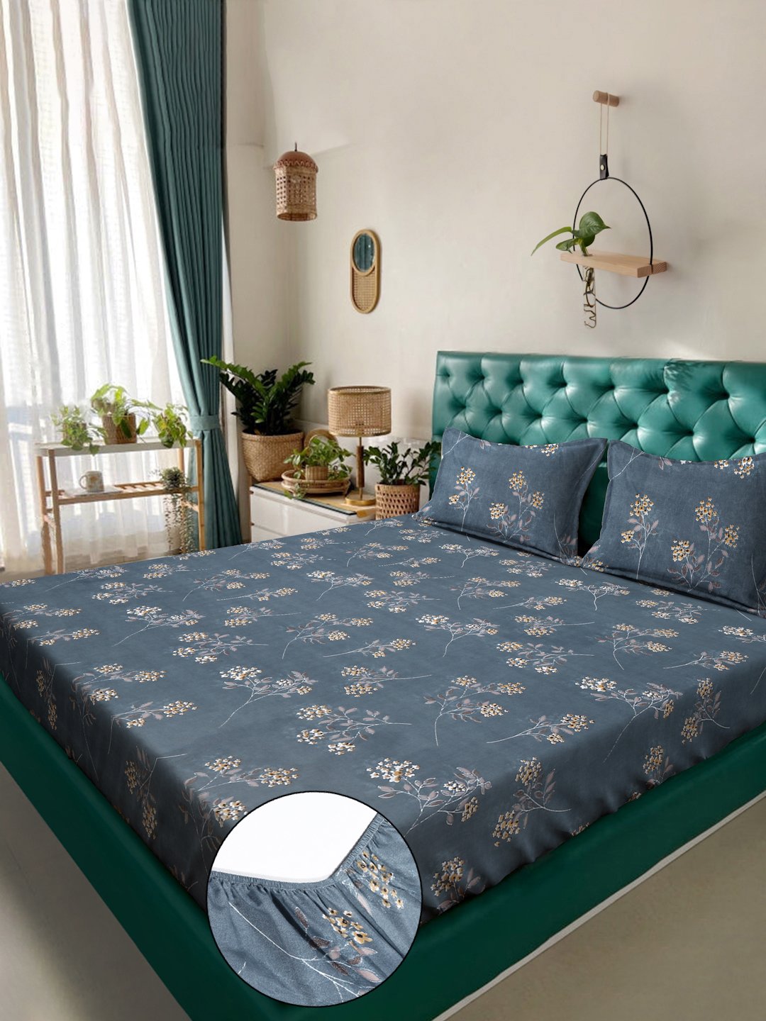 Blue Floral 300 TC Cotton Blend Fitted Double Bedsheet in Book Fold Packing