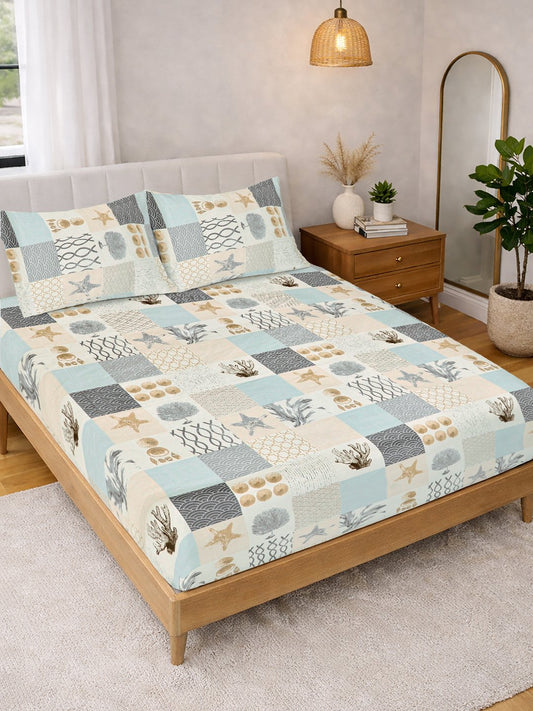 Multi Geometric Cotton Blend Double Bedsheet with 2 Pillow Covers