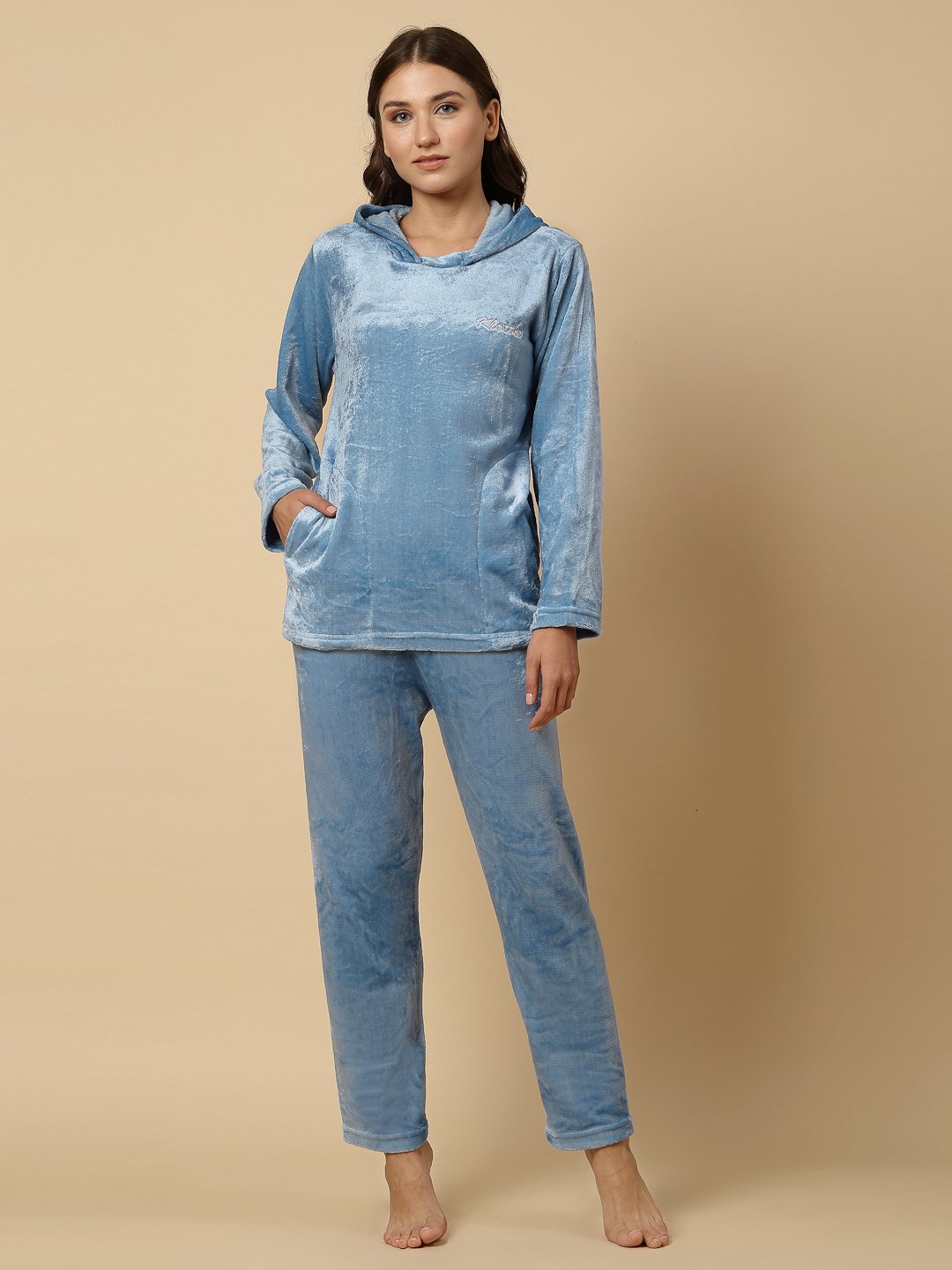 Klotthe Women Blue Wool Blend Solid Hooded Night Suit