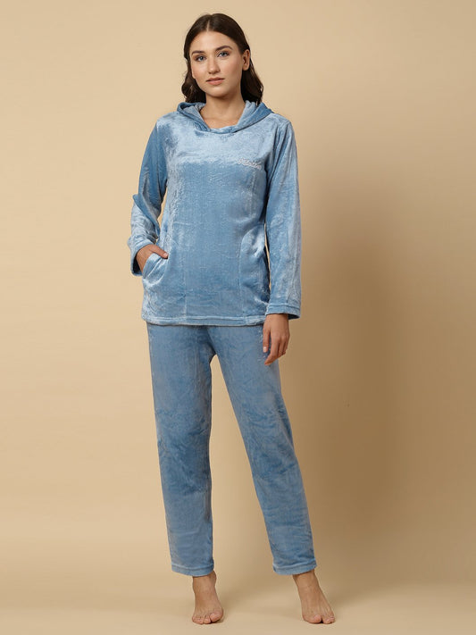 Klotthe Women Blue Wool Blend Solid Hooded Night Suit