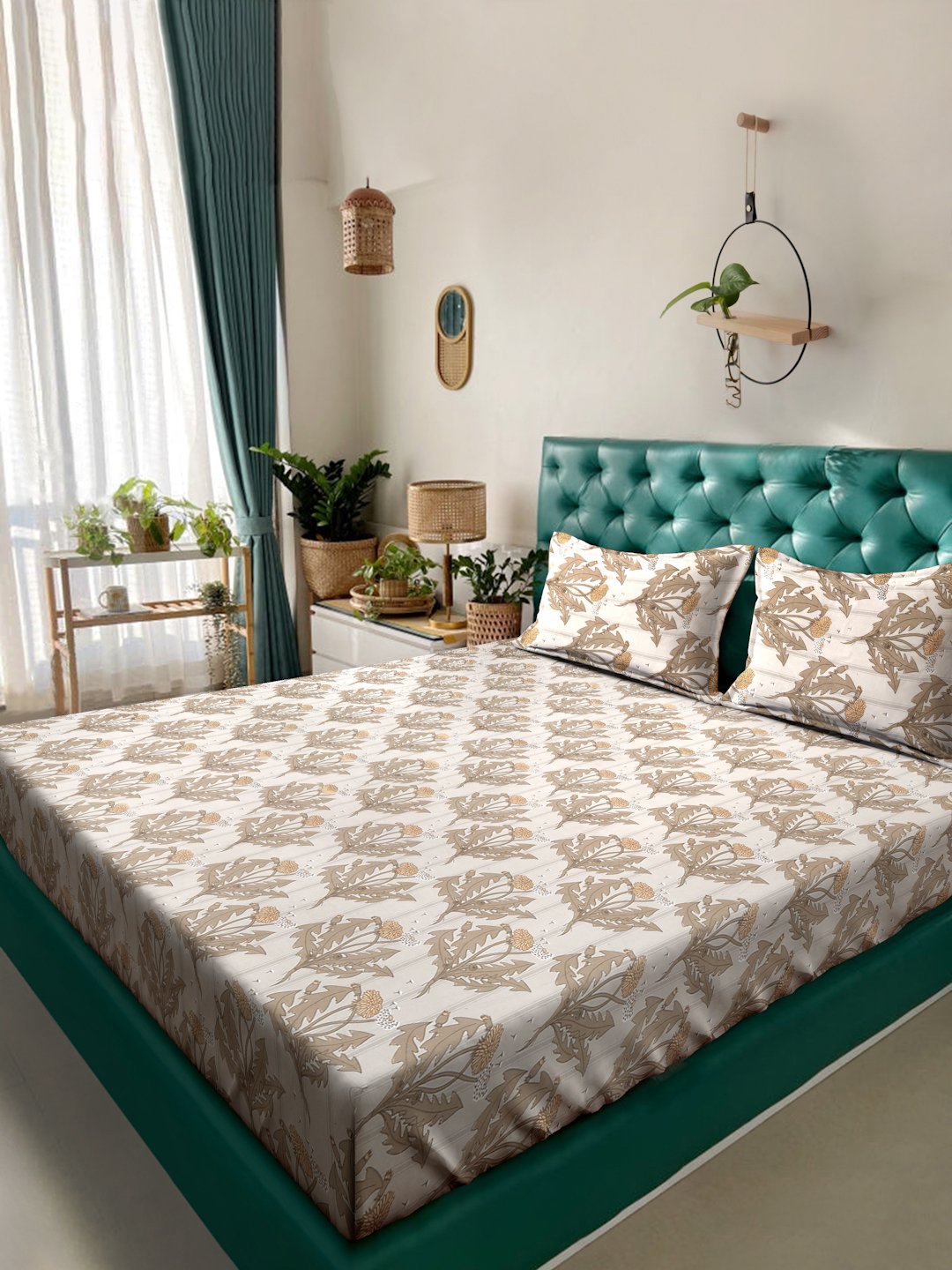 Beige Floral 300 TC Cotton Blend Super King Double Bedsheet in Book Fold Packing