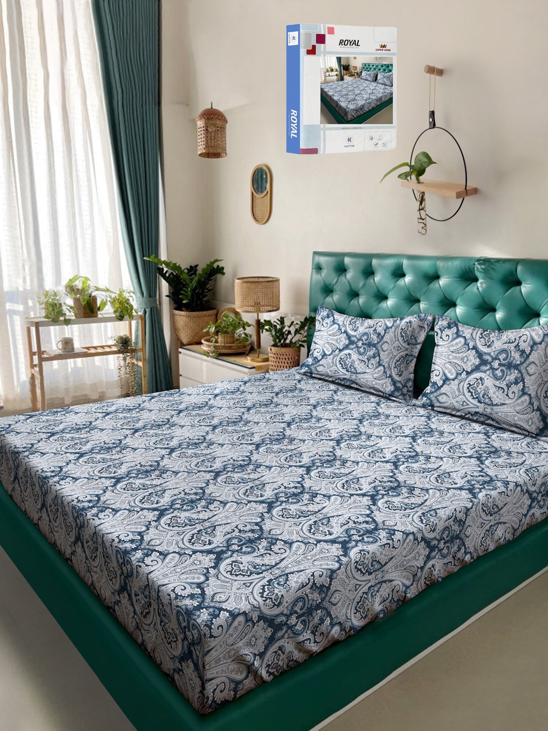 Blue Floral 400 TC Pure Cotton Double Bedsheet in Book Fold Packing