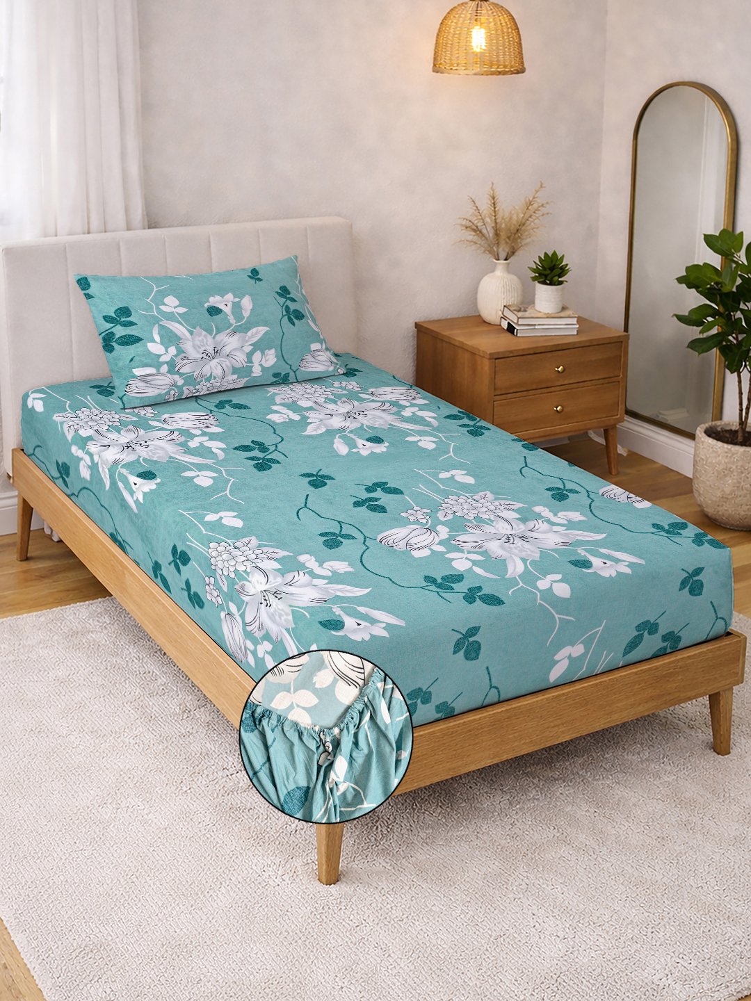 Green Floral Cotton Blend Fitted Single Bedsheet with Pillow Cover