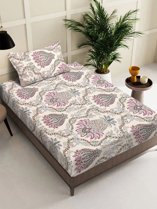 Multi Floral 300 TC Cotton Blend Fitted Single Bedsheet with Pillow Cover