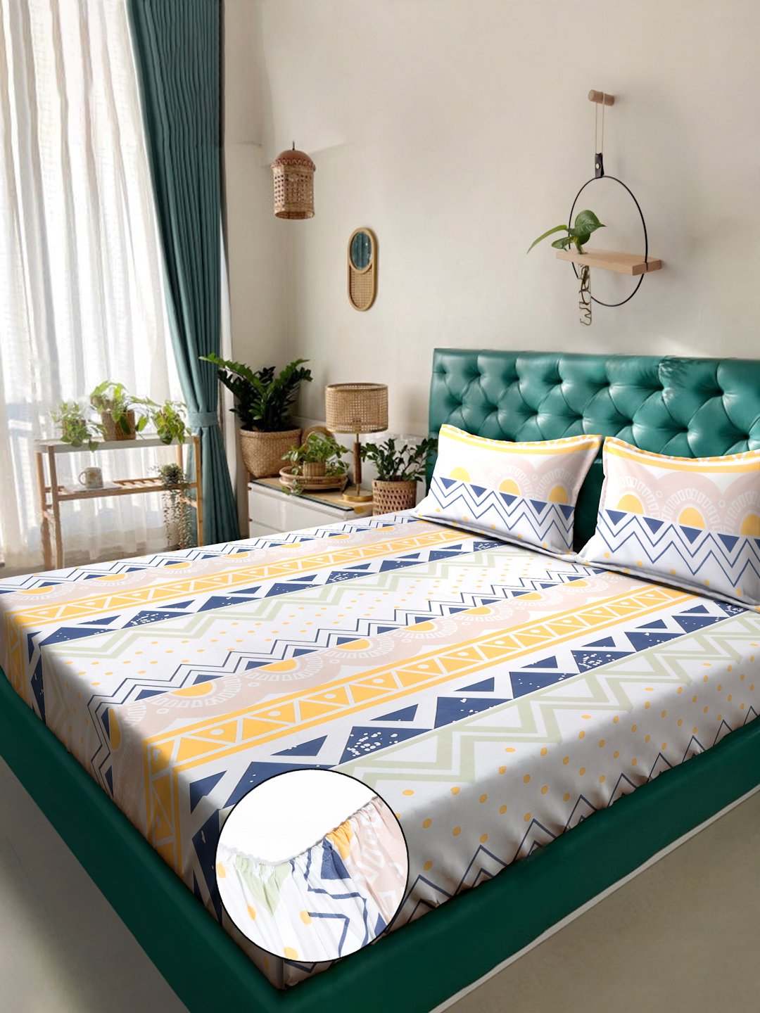 Geometric 300 TC Cotton Blend Fitted Double Bedsheet in Book Fold Packing