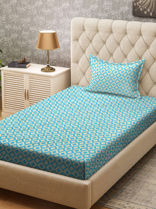 Klotthe Turquoise Geometric 300 TC Cotton Blend Single Bedsheet with Pillow Cover