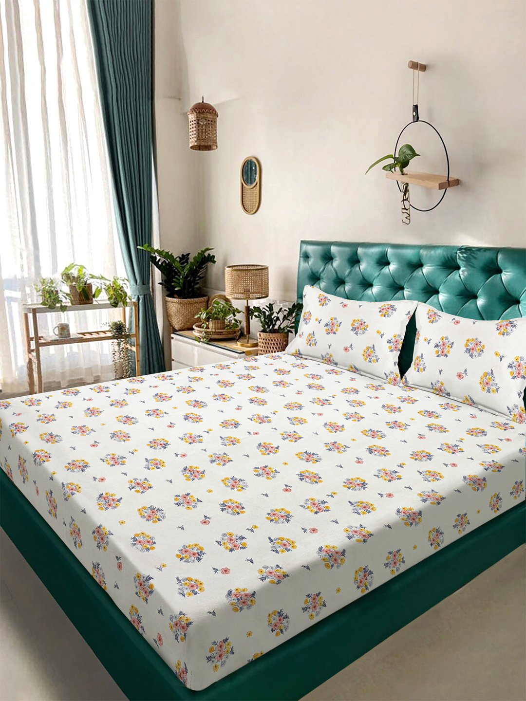 Cream Floral 300 TC Cotton Blend Double Bedsheet with 2 Pillow Covers