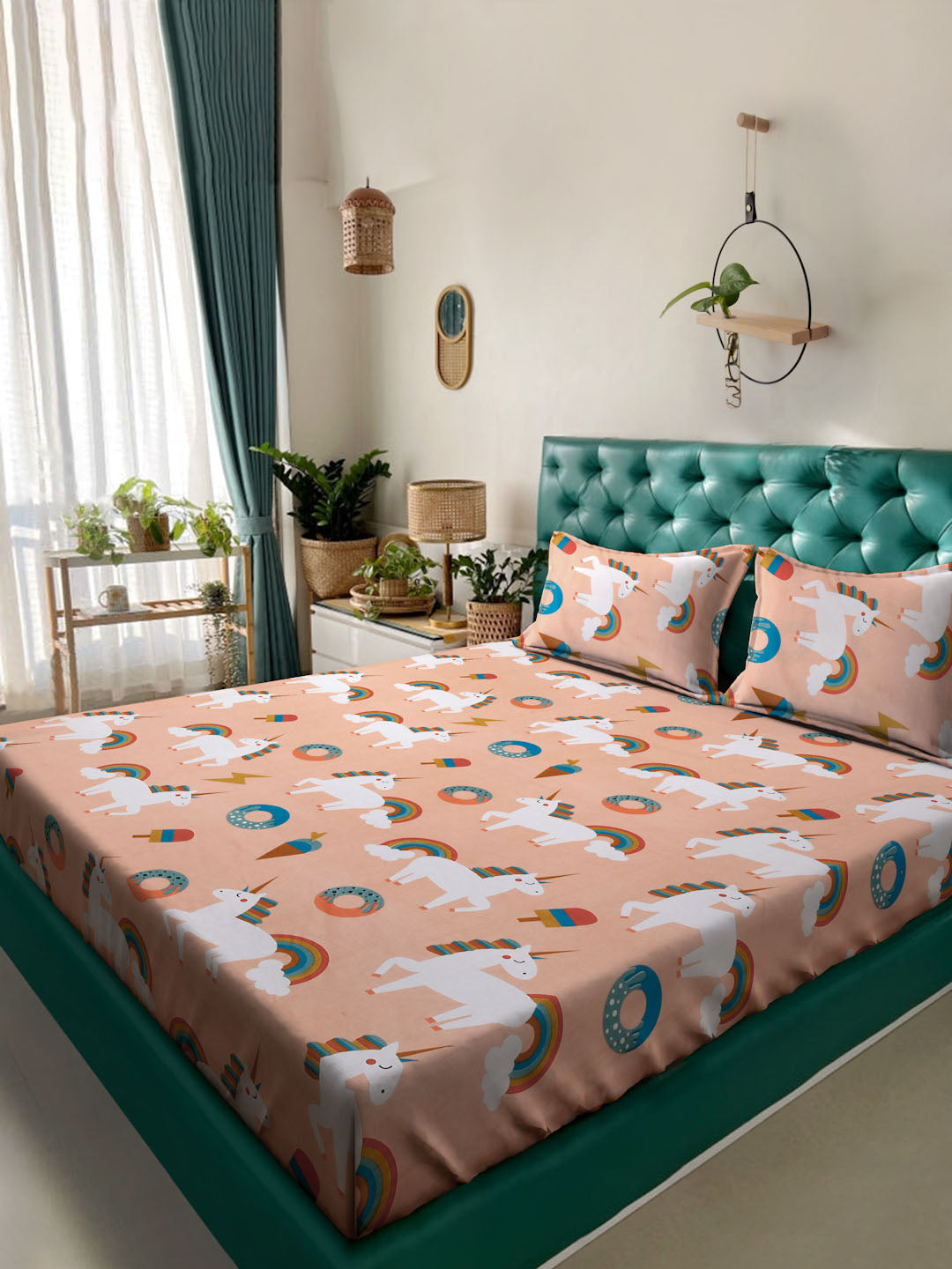 Klotthe Orange Cartoon Characters 400 TC Pure Cotton Double Bedsheet with 2 Pillow Covers