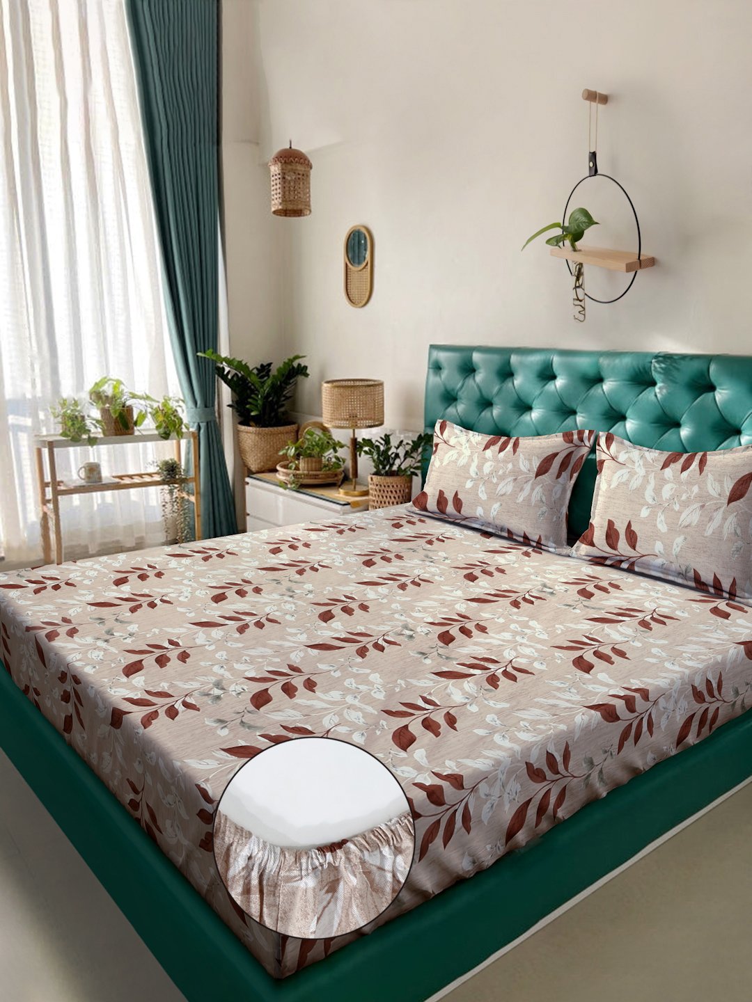 Peach Floral 400 TC Pure Cotton Fitted Double Bedsheet with 2 Pillow Covers