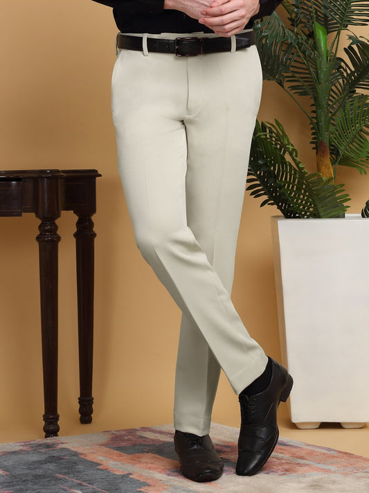 Beige Lycra Cotton Elastic Solid Slim Fit Formal Trouser