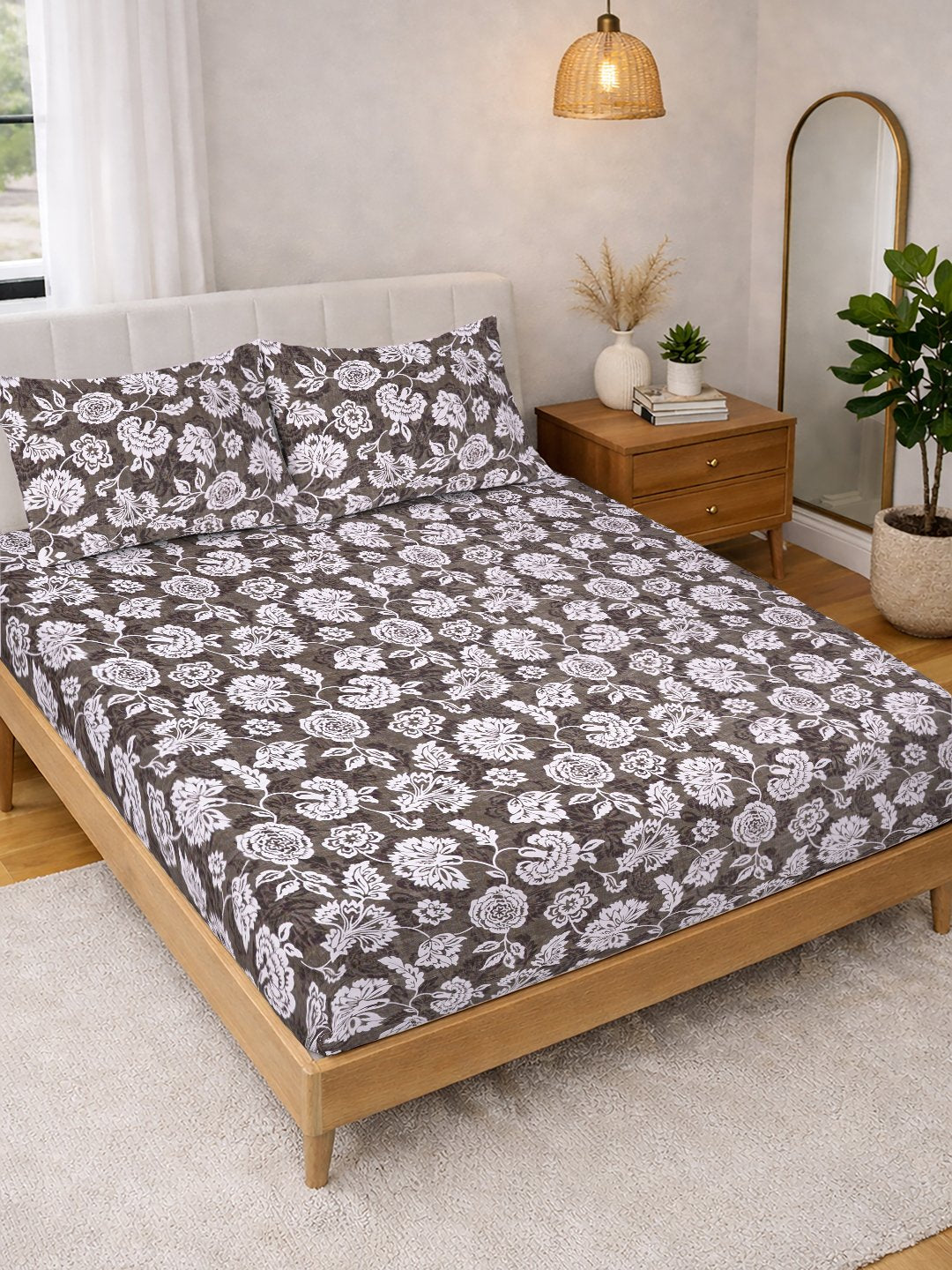 Brown Floral Cotton Blend Double Bedsheet with 2 Pillow Covers
