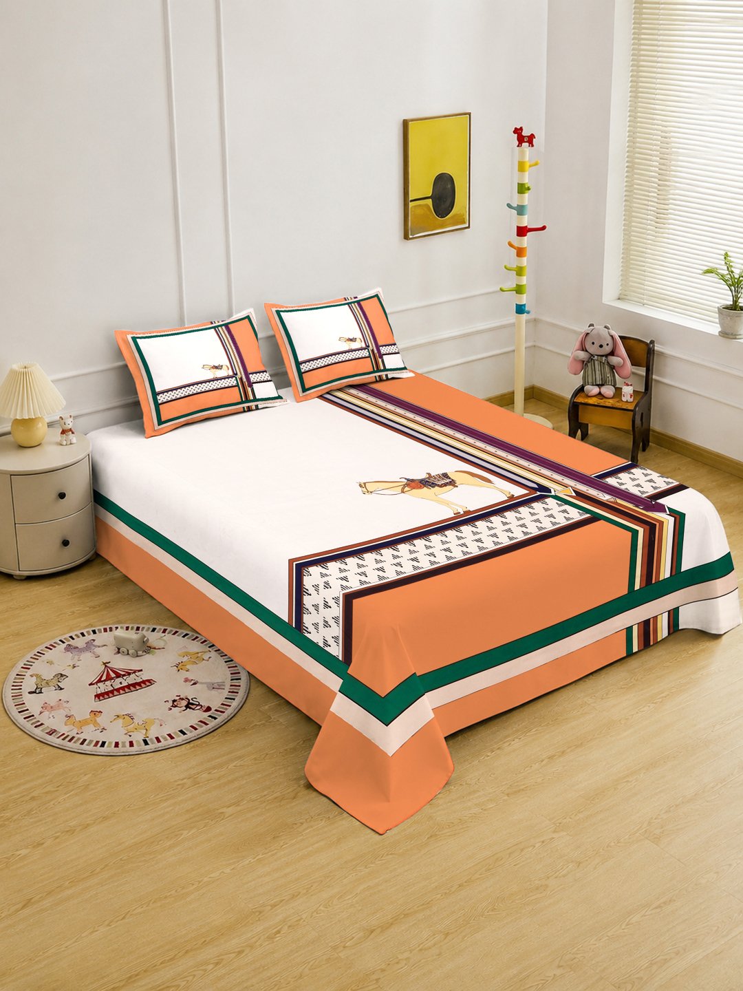 Digital Orange Geometric Cotton Blend Double Bedsheet with 2 Pillow Covers