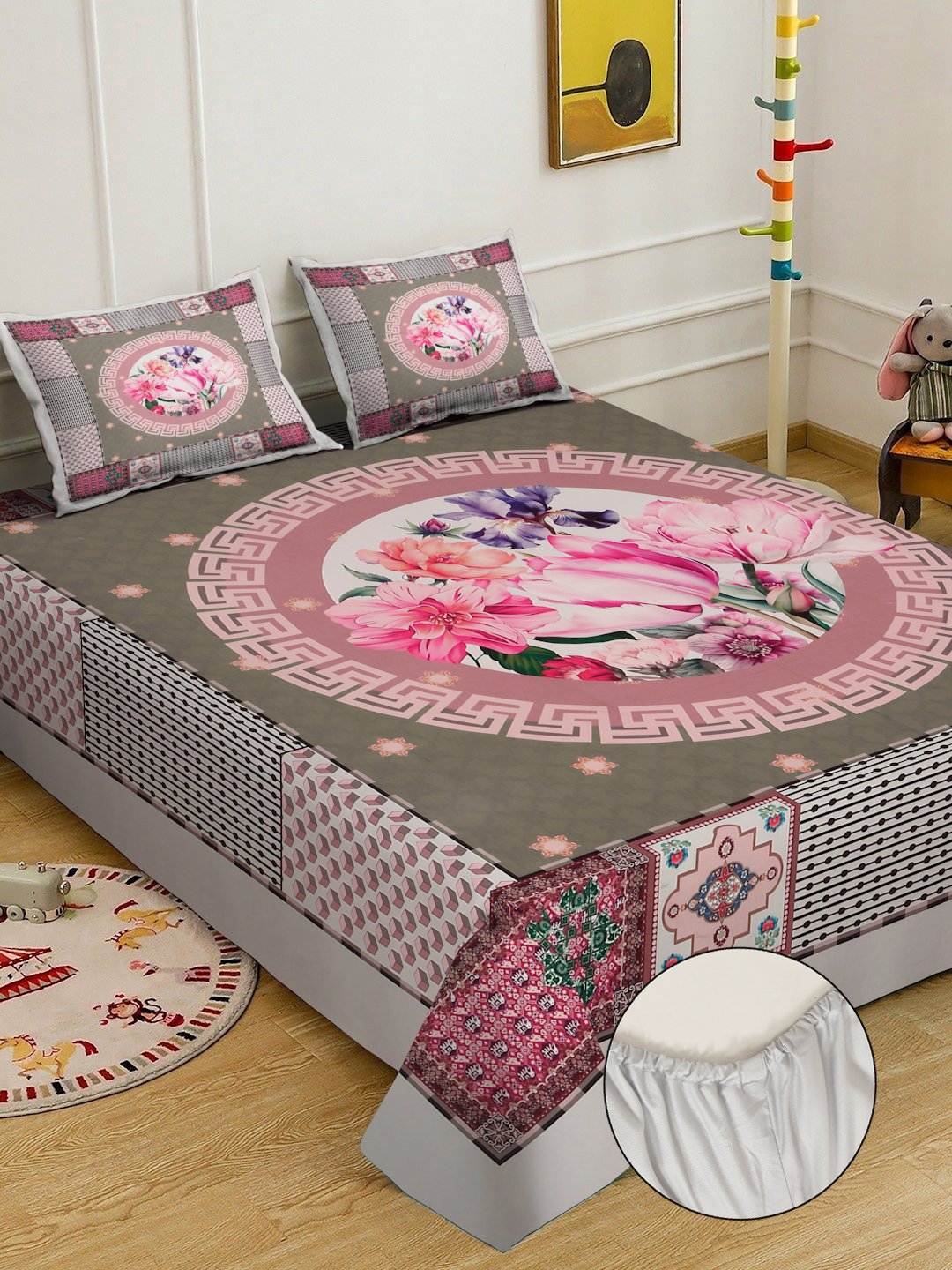 Multi Digital Floral Printed Cotton Blend Fitted Double Bedsheet with 2 Pillow Covers