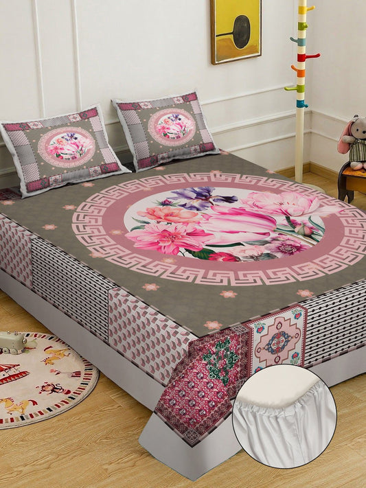 Multi Digital Floral Printed Cotton Blend Fitted Double Bedsheet with 2 Pillow Covers