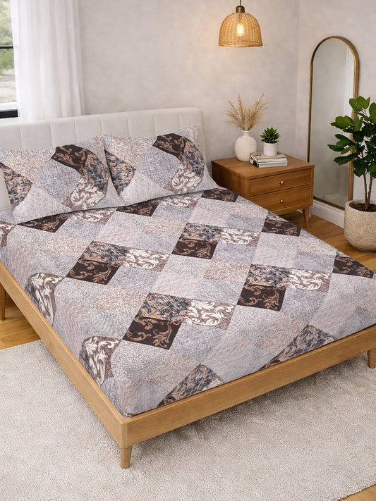 Brown Geometric Cotton Blend Double Bedsheet with 2 Pillow Covers