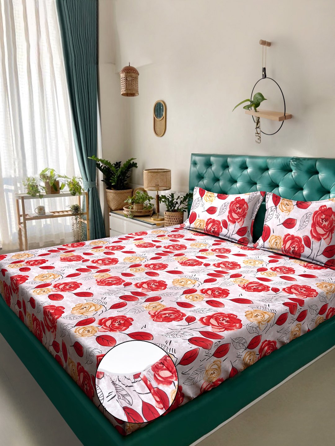 Red Floral 300 TC Cotton Blend Fitted Super King Double Bedsheet with 2 Pillow covers